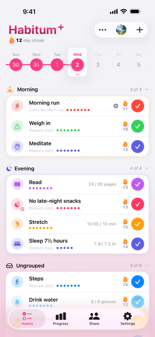 The Today screen, with habits grouped into Morning, Evening and Ungrouped, and a week strip across the top.