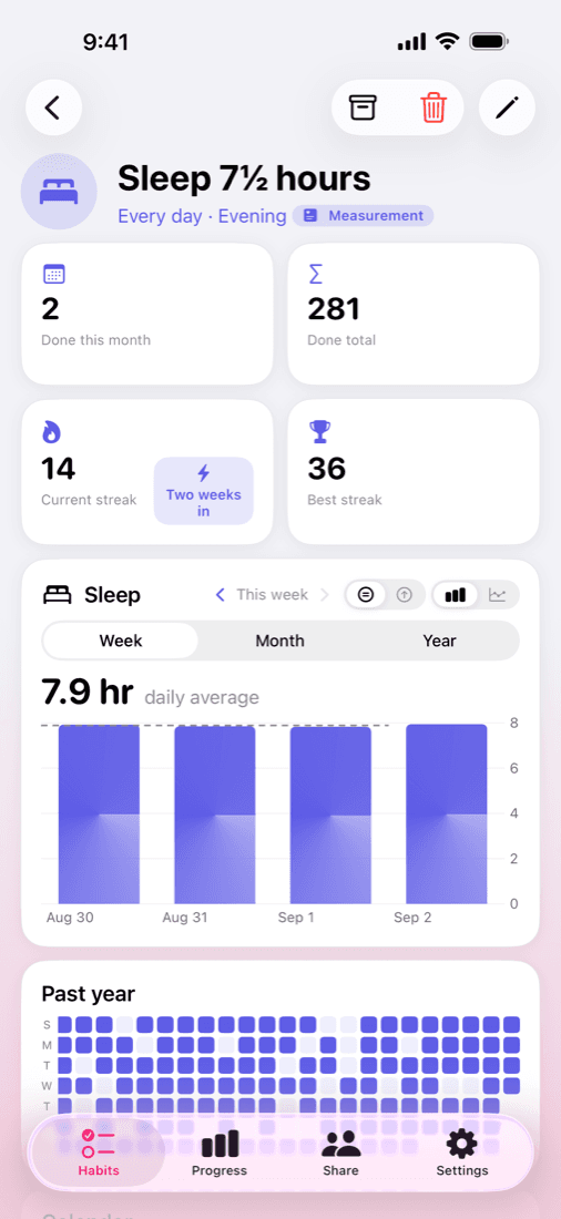 A sleep habit charting a 7.9 hour daily average, filled in from Apple Health.