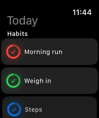 Habitum on Apple Watch, listing the day's habits with tappable rings.